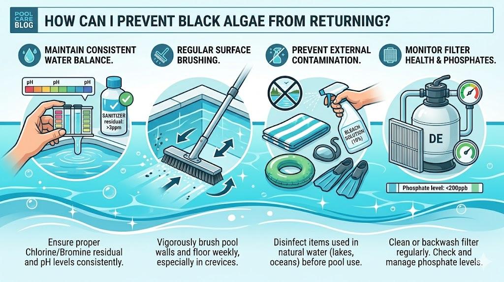 This illustration, titled "HOW CAN I PREVENT BLACK ALGAE FROM RETURNING?", provides a clear, four-panel infographic for your prevention section. It features icons and actionable steps, emphasizing critical maintenance tasks like consistent water balancing, routine brushing, and filtering. To visual ensure visual consistency, it explicitly includes the specific nylon pool brush identified in the previous guide image, distinguishing it from the aggressive metal brush needed for active removal.