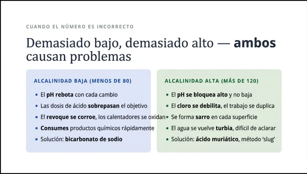 Un gráfico comparativo titulado «Demasiado baja, demasiado alta — ambas causan problemas», que detalla los síntomas y soluciones para desequilibrios de alcalinidad. Señala que la alcalinidad baja (por debajo de 80) causa rebotes de pH y requiere bicarbonato de sodio, mientras que la alcalinidad alta (por encima de 120) provoca bloqueo de pH e incrustaciones, requiriendo ácido muriático para corregir.