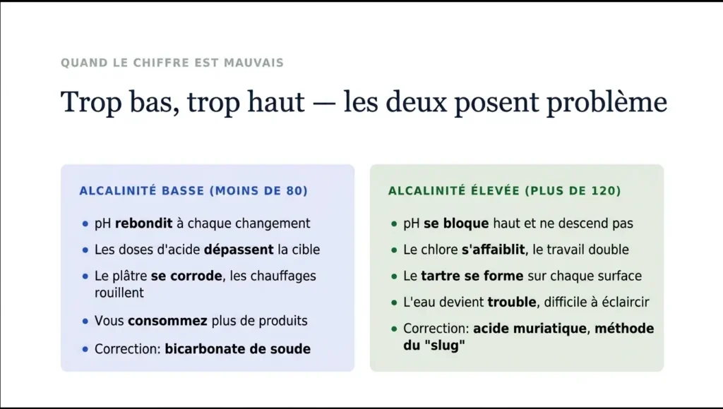 Un graphique de comparaison intitulé « Trop basse, trop élevée — les deux causent des problèmes », décrivant les symptômes et les solutions pour les déséquilibres d’alcalinité. Il indique que l’alcalinité basse (sous 80) provoque des rebonds de pH et nécessite du bicarbonate de sodium, tandis que l’alcalinité élevée (au-dessus de 120) entraîne un blocage du pH et du tartre, nécessitant de l’acide chlorhydrique pour corriger.