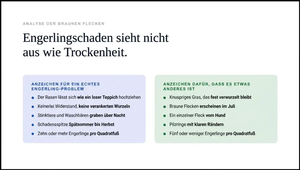 Vergleich von echten Engerlingschäden mit anderen Rasenproblemen