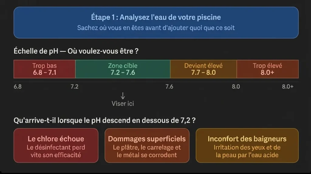 Guide d'analyse de l'eau de piscine présentant une échelle de pH avec des codes couleur et une zone cible de 7,2 à 7,6. Le diagramme met en évidence les risques d'un pH bas, notamment l'inefficacité du chlore, les dommages superficiels au plâtre et au métal, ainsi que l'irritation de la peau et des yeux des baigneurs.