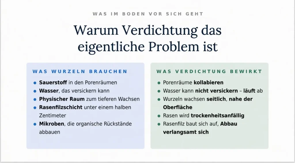 Vergleichsdiagramm mit dem Titel „Warum Verdichtung das eigentliche Problem ist“, das die Anforderungen gesunder Wurzeln – Sauerstoff, Wasserversickerung und physischer Raum – den Auswirkungen der Bodenverdichtung gegenüberstellt, wie kollabierte Porenräume und seitliches Wurzelwachstum.