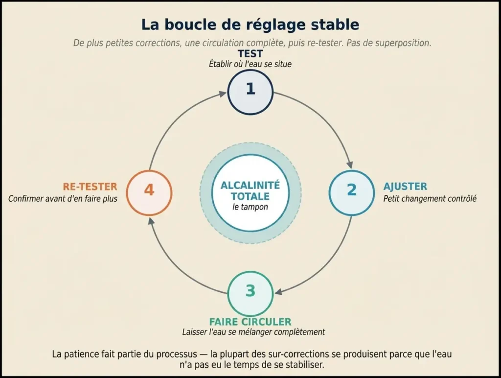 Un diagramme de processus circulaire en quatre étapes intitulé « La boucle de réglage stable », centré sur l'alcalinité totale en tant que tampon. Les étapes comprennent : 1. Tester, 2. Ajuster par de petits changements, 3. Faire circuler pour un mélange complet, et 4. Re-tester pour confirmer avant toute action ultérieure.