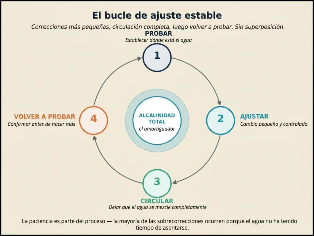 Un diagrama de proceso circular de cuatro pasos titulado "El bucle de ajuste estable", centrado en la Alcalinidad Total como amortiguador. Los pasos incluyen: 1. Probar, 2. Ajustar con pequeños cambios, 3. Circular para una mezcla completa y 4. Volver a probar para confirmar antes de realizar más acciones.