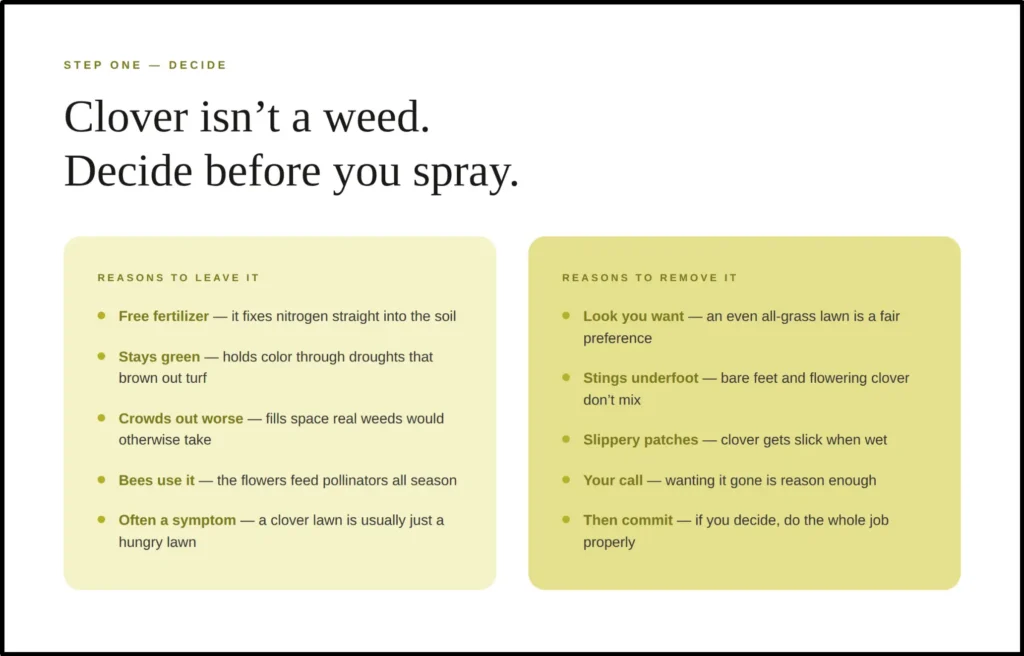 A diagnostic graphic titled "Fix the soil, not just the weed," outlining why clover spreads into turfgrass. It maps out a checklist of underlying environmental stressors including shallow turf roots, compacted soil layers, nitrogen deficiencies, and lawn grub damage, while warning against a continuous cycle of chemical weed treatments that fail to resolve the core soil issues.