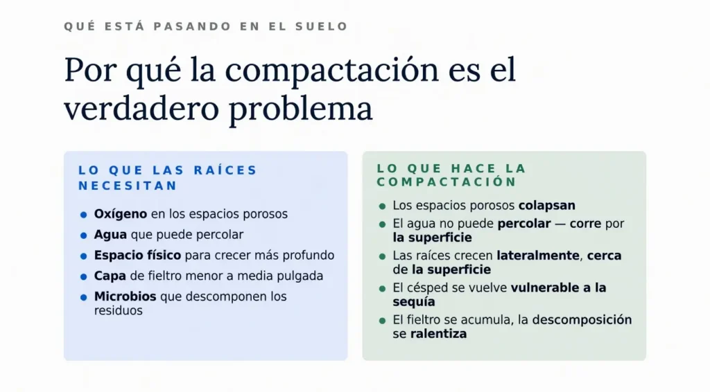 Gráfico comparativo titulado "Por qué la compactación es el verdadero problema", que contrasta los requisitos para raíces saludables — oxígeno, percolación de agua y espacio físico — contra los efectos de la compactación del suelo, como espacios porosos colapsados y crecimiento lateral de raíces.