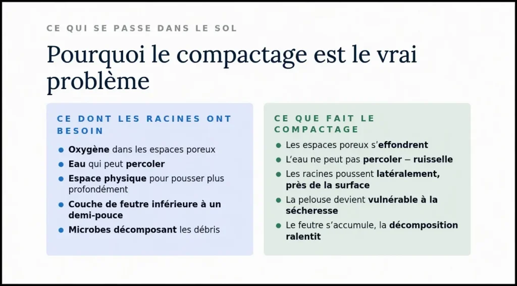 Tableau comparatif intitulé « Pourquoi le compactage est le vrai problème », opposant les besoins des racines saines — oxygène, infiltration de l’eau et espace physique — aux effets du compactage du sol, tels que l’effondrement des espaces poreux et la croissance latérale des racines.
