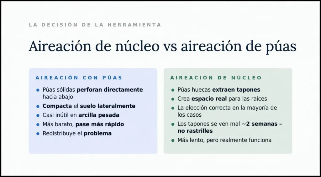 Gráfico comparativo titulado "Aireación de núcleo vs aireación de púas", que detalla por qué la aireación de núcleo es generalmente superior para la salud del césped al extraer tapones y crear espacio real, mientras que la aireación de púas puede provocar compresión lateral del suelo.