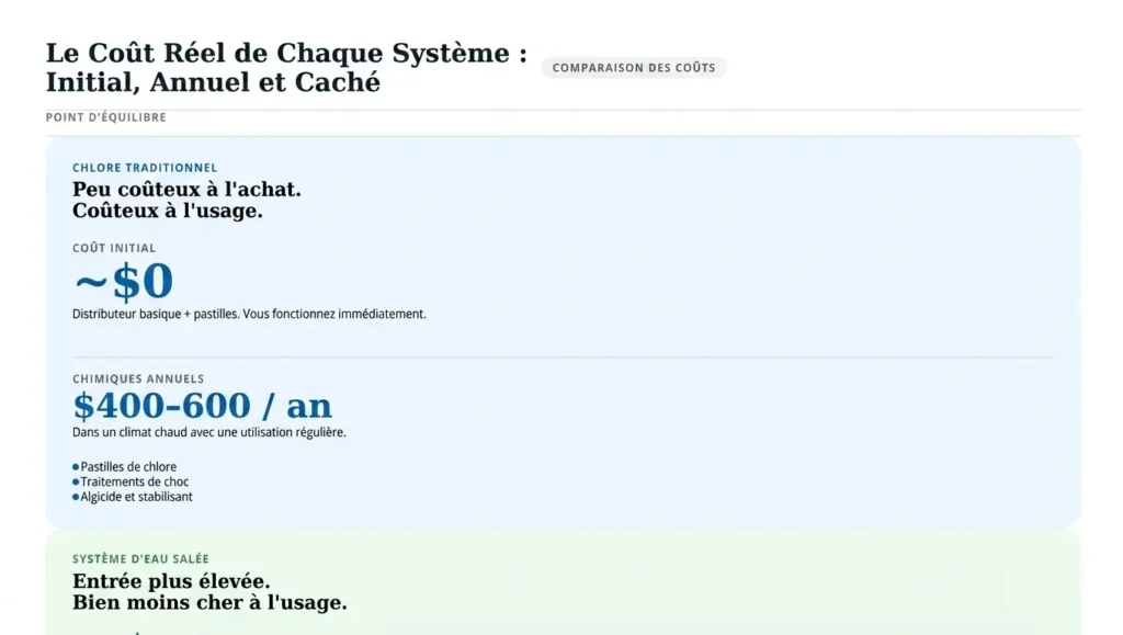 Un graphique comparatif des coûts intitulé « Le vrai coût de chaque système : Initial, Annuel et Caché ». Il montre que le chlore traditionnel est économique à l'achat mais coûte entre 400 $et 600$ par an en produits chimiques, tandis que les systèmes au sel ont un coût d'entrée plus élevé mais sont beaucoup moins chers à l'usage annuel.