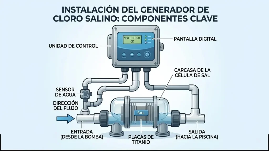 Un diagrama técnico titulado "Instalación del clorador salino: componentes clave", que muestra la disposición de una unidad de control con pantalla digital, la carcasa de la celda de sal que contiene placas de titanio, los sensores de agua y la dirección del flujo desde la bomba hasta la salida de la piscina.