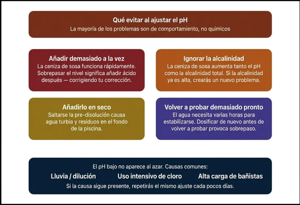 Un gráfico educativo titulado "Qué evitar al ajustar el pH", que detalla cuatro errores comunes: sobredosificación, ignorar la alcalinidad, añadir el producto químico en seco sin pre-disolver y volver a realizar la prueba demasiado pronto. También enumera causas comunes del pH bajo, como la lluvia y una alta carga de bañistas.