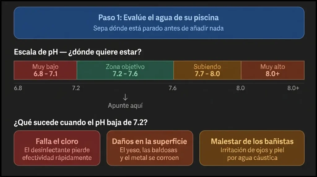 Una guía de prueba del agua de la piscina que muestra una escala de pH codificada por colores con una zona objetivo de 7.2 a 7.6. El diagrama destaca los riesgos de un pH bajo, incluyendo la pérdida de efectividad del cloro, daños en superficies de yeso y metal, e irritación de la piel o los ojos de los bañistas.