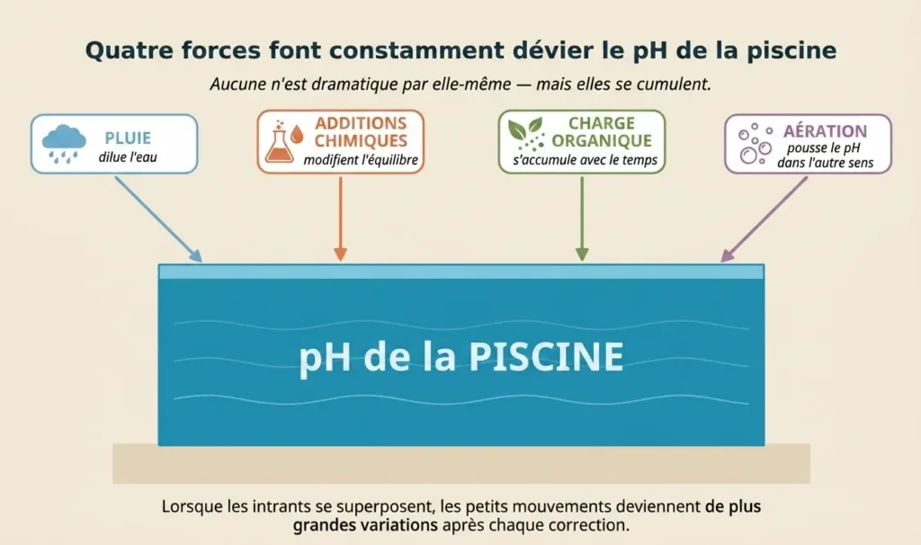 Schéma montrant les quatre forces environnementales — la pluie, les ajouts chimiques, la charge organique et l'aération — qui se cumulent pour provoquer l'instabilité du pH dans les piscines résidentielles.