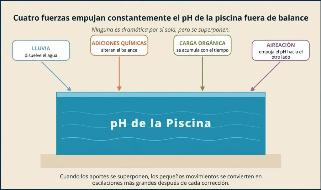 Diagrama que muestra las cuatro fuerzas ambientales (lluvia, adiciones químicas, carga orgánica y aireación) que se superponen para causar inestabilidad del pH en piscinas residenciales.