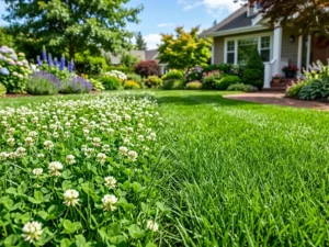 Lush green lawn divided by patches of white clover.