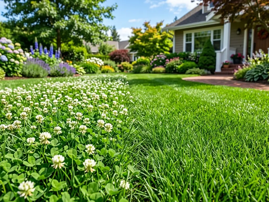 Lush green lawn divided by patches of white clover.