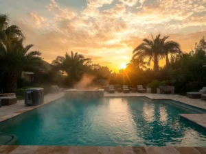 Warm swimming pool with steam at golden sunset