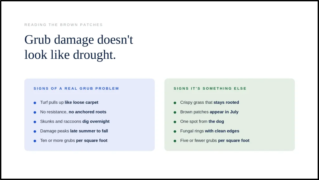A comparison chart titled "Grub damage doesn't look like drought," detailing physical signs of a grub infestation, such as turf pulling up like loose carpet and overnight digging by wildlife, compared to drought or fungal indicators where grass remains rooted.