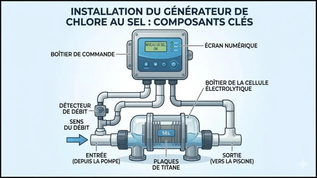 Un schéma technique intitulé « Installation d'un électrolyseur au sel : composants clés », montrant la disposition d'un boîtier de commande avec écran numérique, la cellule de traitement au sel contenant des plaques de titane, les capteurs d'eau, et le sens du débit depuis la pompe jusqu'au refoulement de la piscine.