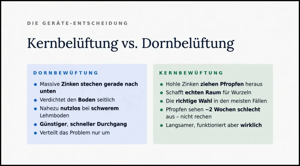 Vergleichsdiagramm mit dem Titel „Kernbelüftung vs. Dornbelüftung“, das detailliert erklärt, warum die Kernbelüftung für die Rasengesundheit generell überlegen ist, da sie Pfropfen herauszieht und echten Raum schafft, während die Dornbelüftung zu seitlicher Bodenverdichtung führen kann.