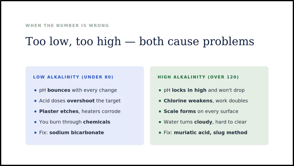 A comparison chart titled "Too low, too high — both cause problems," outlining the symptoms and fixes for alkalinity imbalances. It notes that low alkalinity (under 80) causes pH bounce and requires sodium bicarbonate, while high alkalinity (over 120) leads to pH lock and scale, requiring muriatic acid to correct.