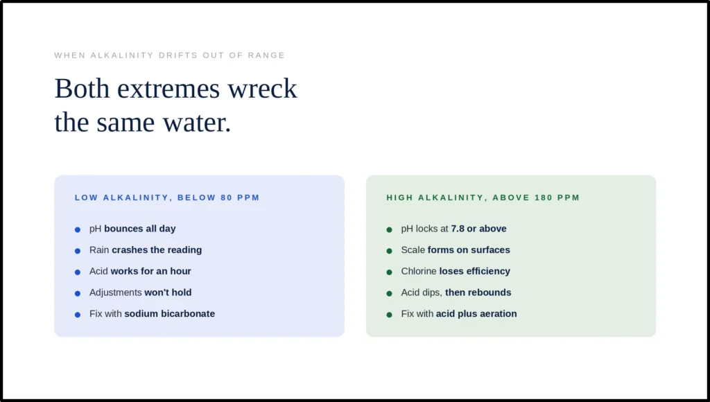 A comparison chart titled "Both extremes wreck the same water," contrasting low alkalinity (below 80 ppm) with high alkalinity (above 180 ppm). It lists symptoms like pH bounce and crash for low levels, and pH lock and scale formation for high levels, along with their respective chemical fixes.