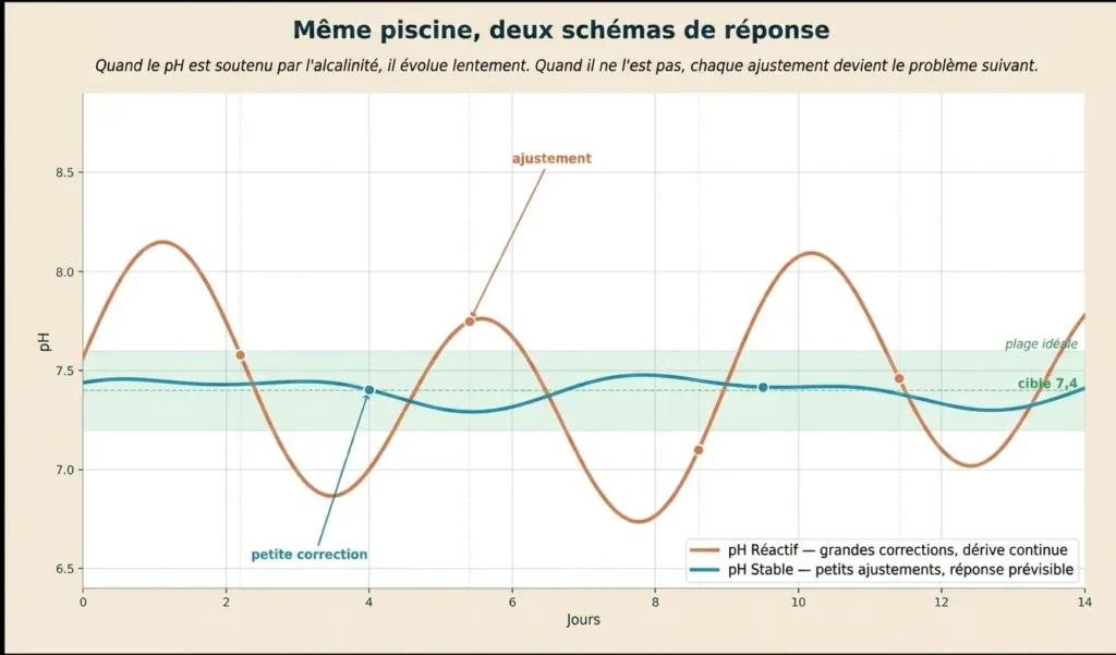 Un graphique linéaire comparant deux modèles de réponse du pH de la piscine sur 14 jours : une ligne orange "réactive" et volatile montrant de grandes fluctuations et des ajustements fréquents, contre une ligne bleue "stable" montrant des mouvements mineurs et prévisibles dans la plage idéale.