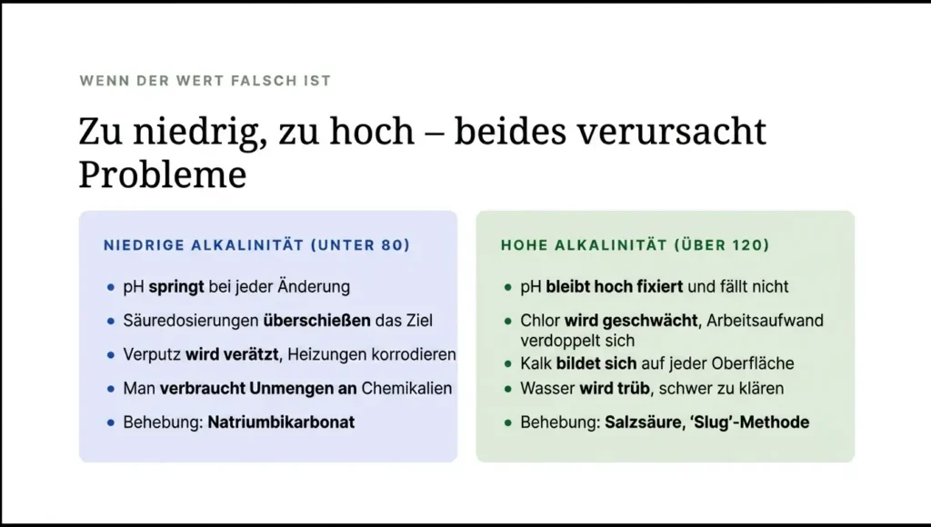 Ein Vergleichsdiagramm mit dem Titel „Zu niedrig, zu hoch – beides verursacht Probleme“, das Symptome und Lösungen bei Alkalinitätsungleichgewichten darstellt. Es wird darauf hingewiesen, dass niedrige Alkalinität (unter 80) zu pH-Schwankungen führt und Natriumhydrogencarbonat erfordert, während hohe Alkalinität (über 120) pH-Blockaden und Kalkablagerungen verursacht und mit Salzsäure korrigiert werden muss.