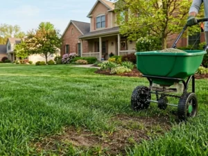 A homeowner pushing a green seed spreader overseeding a lush lawn