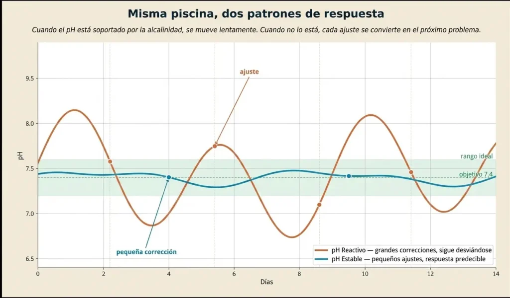 Un gráfico de líneas que compara dos patrones de respuesta del pH de la piscina a lo largo de 14 días: una línea naranja "reactiva" y volátil que muestra grandes oscilaciones y ajustes frecuentes, frente a una línea azul "estable" que muestra movimientos menores y predecibles dentro del rango ideal.