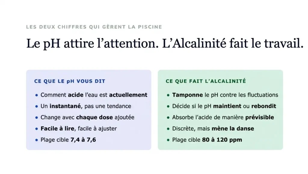 Un graphique de comparaison intitulé « Le pH attire l’attention. L’alcalinité fait le travail », qui contraste ce que le pH vous indique par rapport à ce que fait réellement l’alcalinité. Il met en avant le rôle de l’alcalinité en tant que tampon qui empêche les fluctuations de pH et stabilise la chimie de l’eau dans la plage cible de 80 à 120 ppm.