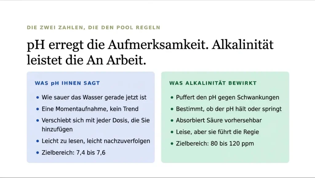 Ein Vergleichsdiagramm mit dem Titel „pH bekommt die Aufmerksamkeit. Alkalinität leistet die Arbeit“, das gegenüberstellt, was der pH-Wert Ihnen zeigt und was die Alkalinität tatsächlich tut. Es hebt die Rolle der Alkalinität als Puffer hervor, der pH-Schwankungen verhindert und die Wasserchemie im Zielbereich von 80 bis 120 ppm stabilisiert.