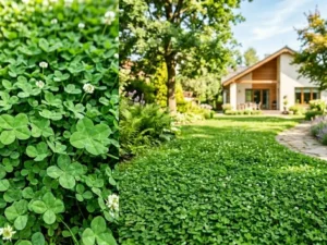 Lush green clover lawn in front of a modern house