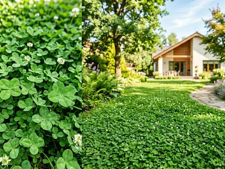 Lush green clover lawn in front of a modern house