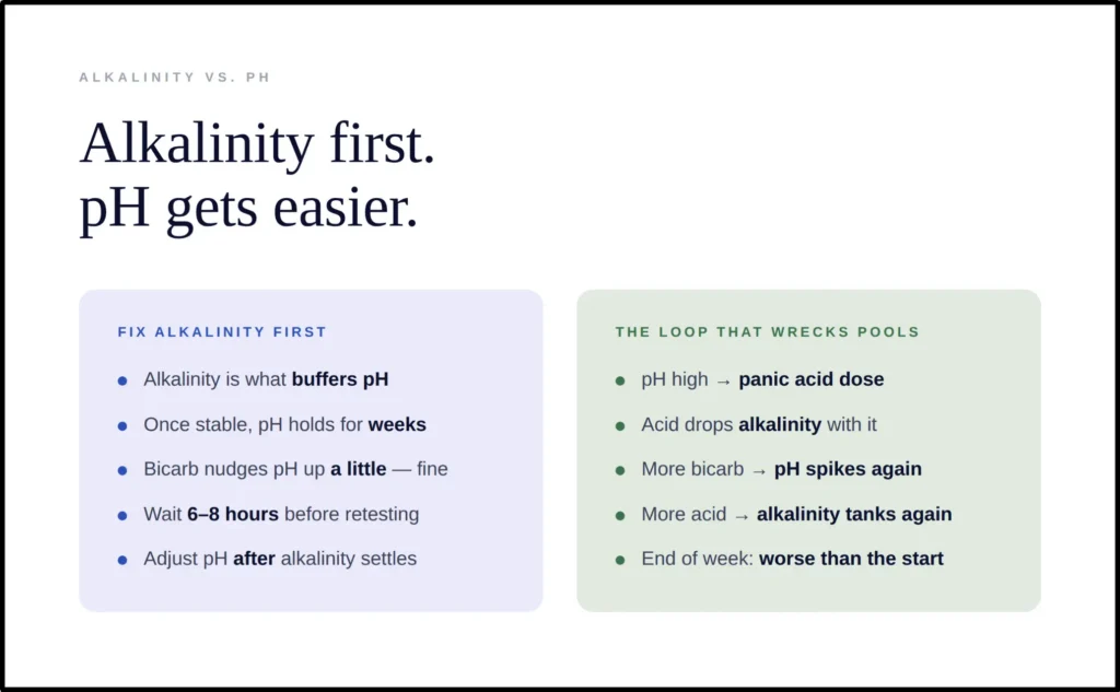 An instructional water chemistry graphic titled "Alkalinity first. pH gets easier," contrasting proper balance sequencing against a common management loop. The "Fix Alkalinity First" layout explains that alkalinity buffers pH, stable levels hold for weeks, bicarb nudges pH slightly, and users should wait 6–8 hours to retest and adjust pH after alkalinity settles. The "The Loop That Wrecks Pools" column diagrams the common failure cycle: high pH triggers a panic acid dose, which drops alkalinity, forcing a bicarb addition that spikes pH again, requiring more acid and leaving the water worse than the start.