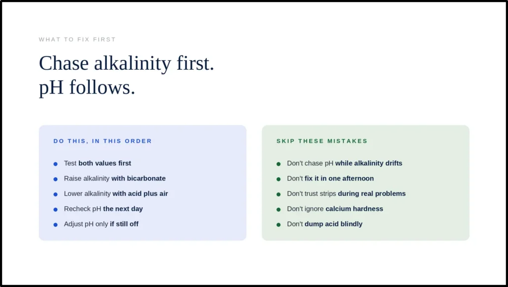 An instructional graphic titled "Chase alkalinity first. pH follows." It outlines a "Do this, in this order" checklist starting with testing both values and adjusting alkalinity before rechecking pH the next day. It also warns against common mistakes like chasing pH while alkalinity drifts or trusting test strips during real chemical imbalances.