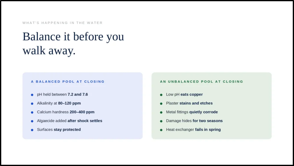 A comparison chart titled "Balance it before you walk away," detailing ideal chemistry levels for closing a pool and contrasting them with the risks of unbalanced water, including copper corrosion, plaster staining, and future heat exchanger failure.
