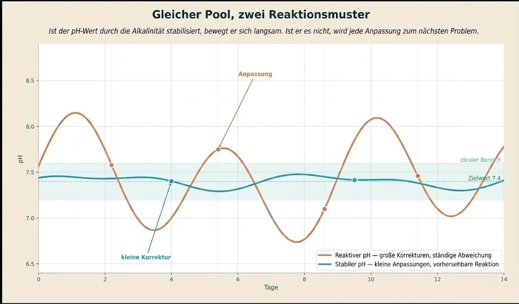 Ein Liniendiagramm, das zwei Reaktionsmuster des Pool-pH-Werts über 14 Tage vergleicht: eine unbeständige, „reaktive“ orangefarbene Linie, die starke Schwankungen und häufige Anpassungen zeigt, im Vergleich zu einer „stabilen“ blauen Linie, die vorhersehbare, geringfügige Bewegungen innerhalb des idealen Bereichs aufweist.