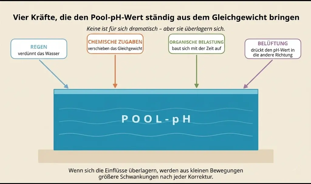 Diagramm, das die vier Umwelteinflüsse – Regen, chemische Zugaben, organische Belastung und Belüftung – zeigt, die sich überlagern und zu einer Instabilität des pH-Werts in privaten Swimmingpools führen.