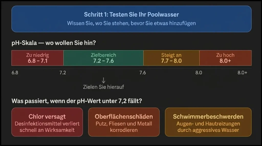 Eine Anleitung zum Testen von Poolwasser, die eine farbcodierte pH-Skala mit einem Zielbereich von 7,2 bis 7,6 zeigt. Das Diagramm verdeutlicht die Risiken eines zu niedrigen pH-Werts, einschließlich des Versagens von Chlor, Oberflächenschäden an Putz und Metall sowie Haut- oder Augenreizungen bei Schwimmern.