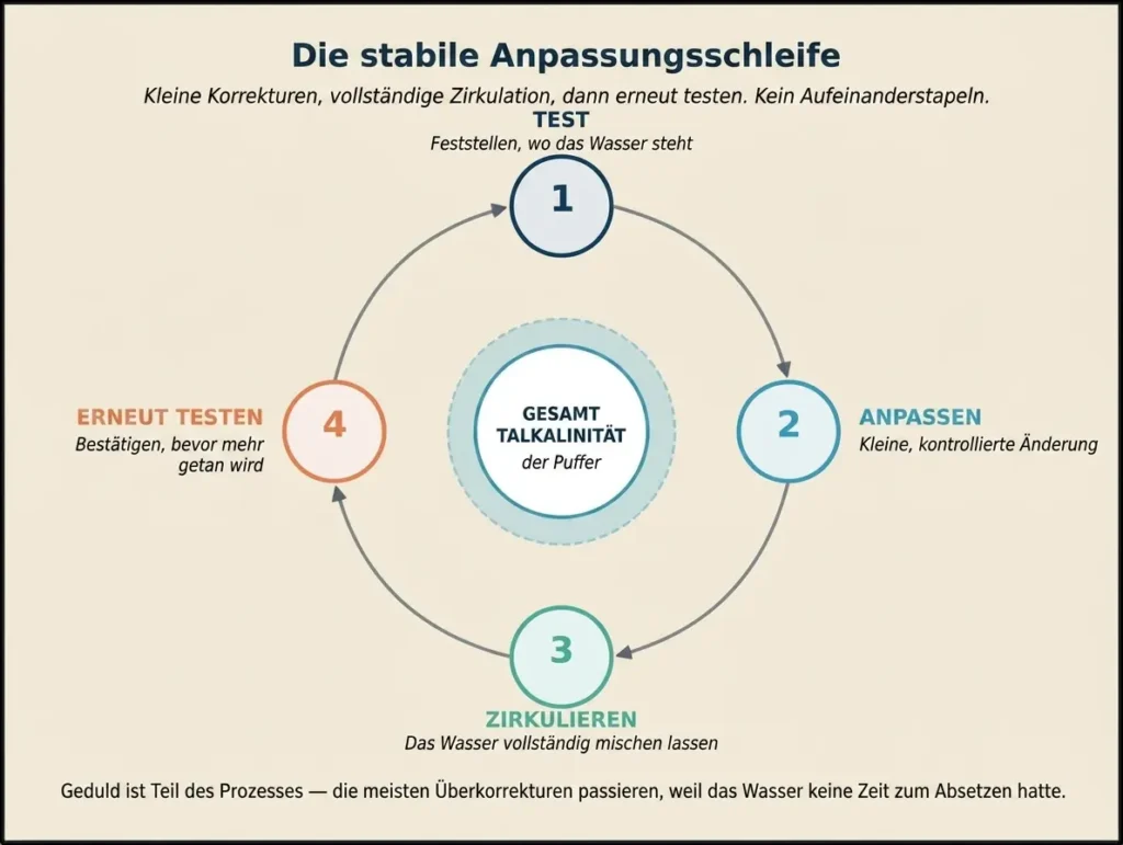 Ein vierstufiges, kreisförmiges Prozessdiagramm mit dem Titel „Die stabile Anpassungsschleife“, in dessen Zentrum die Gesamtalkalinität als Puffer steht. Die Schritte umfassen: 1. Testen, 2. Anpassen mit kleinen Änderungen, 3. Zirkulieren für eine vollständige Durchmischung und 4. Erneut testen zur Bestätigung vor weiteren Maßnahmen.