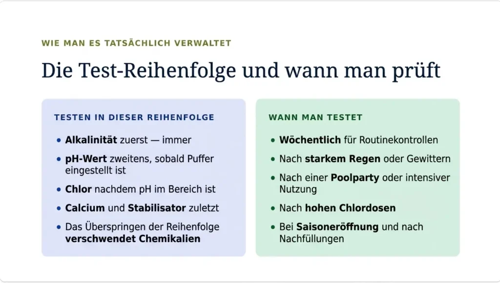 Eine Anleitungsgrafik mit dem Titel „Die richtige Testreihenfolge und wann gemessen werden sollte“, die hervorhebt, dass die Alkalinität immer zuerst getestet werden sollte, um einen stabilen Puffer zu schaffen. Sie listet wichtige Testzeitpunkte auf: wöchentliche Routinekontrollen, nach starkem Regen, nach Poolpartys, nach großen Chlordosierungen sowie bei der Saisoneröffnung im Frühjahr oder nach Wasserwechseln.