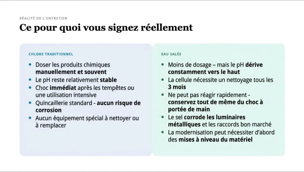 Un tableau comparatif intitulé « Ce à quoi vous vous engagez réellement », contrastant l'entretien du chlore traditionnel avec la réalité du sel. Il souligne que bien que le système au sel nécessite moins de dosage de produits, il est confronté à une dérive constante du pH vers le haut, requiert un nettoyage de la cellule tous les 3 mois et présente un risque de corrosion pour les fixations métalliques.
