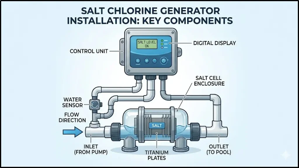 A technical diagram titled "Salt Chlorine Generator Installation: Key Components," showing the layout of a control unit with a digital display, salt cell enclosure containing titanium plates, water sensors, and flow direction from the pump to the pool outlet.