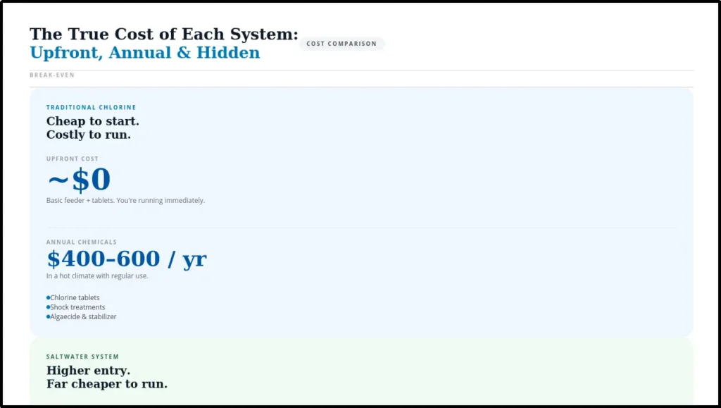 A cost comparison chart titled "The True Cost of Each System: Upfront, Annual & Hidden." It shows that traditional chlorine is cheap to start but costs $400–$600 per year in chemicals, whereas saltwater systems have a higher entry cost but are far cheaper to run annually.