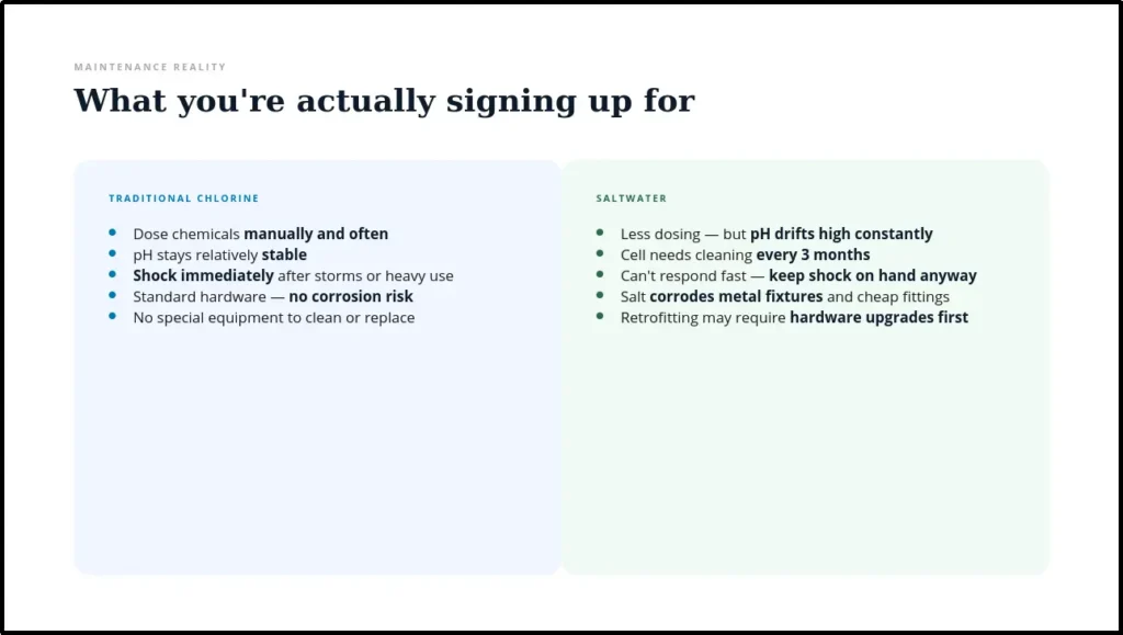 A comparison chart titled "What you're actually signing up for," contrasting traditional chlorine maintenance with saltwater reality. It highlights that while saltwater requires less dosing, it faces constant high pH drift, requires cell cleaning every 3 months, and presents a corrosion risk to metal fixtures.