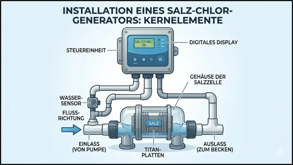 Ein technisches Diagramm mit dem Titel „Installation eines Salzchlorinators: Hauptkomponenten“. Es zeigt den Aufbau einer Steuereinheit mit digitalem Display, das Gehäuse der Salzzelle mit Titanplatten, Wassersensoren sowie die Durchflussrichtung von der Pumpe zum Poolauslass.
