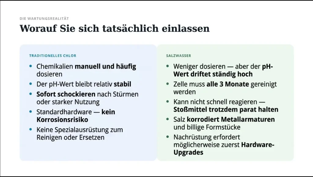 Ein Vergleichsdiagramm mit dem Titel „Wofür Sie sich tatsächlich entscheiden“, das die Wartung von herkömmlichem Chlor mit der Realität von Salzwasser gegenüberstellt. Es hebt hervor, dass Salzwasser zwar seltener dosiert werden muss, dafür jedoch mit einem ständig steigenden pH-Wert (pH-Drift) kämpft, alle 3 Monate eine Reinigung der Elektrolysezelle erfordert und ein Korrosionsrisiko für Metallteile darstellt.