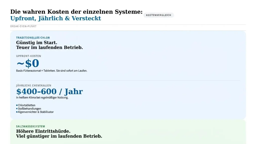 Ein Kostenvergleichsdiagramm mit dem Titel „Der wahre Preis jedes Systems: Erstinvestition, Jährliche & Versteckte Kosten“. Es zeigt, dass herkömmliche Chlorsysteme in der Anschaffung günstig sind, aber jährlich 400–600 $ an Chemikalien kosten, während Salzwassersysteme zwar höhere Anschaffungskosten haben, im jährlichen Betrieb jedoch weitaus günstiger sind.