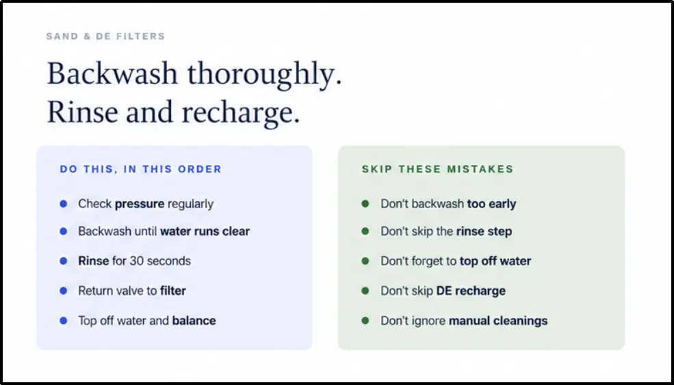 An instructional guide titled "Backwash thoroughly. Rinse and recharge." outlining a checklist for sand and DE filters. It details a specific order of operations, including backwashing until water runs clear and rinsing for 30 seconds, while warning against common mistakes like backwashing too early or skipping the rinse step.